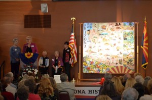 Partners in the 100 Years 100 Quilts show, l-r Lenna DeMarco, Anne Hodgkins, Anne Woosley, Wanda Seale and Carole Cohen.